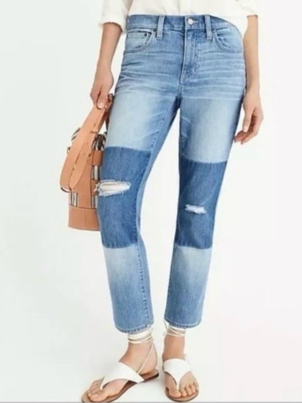 J Crew Slim Broken In Boyfriend Jean 28 Patchwork Distressed Light Wash Stretch